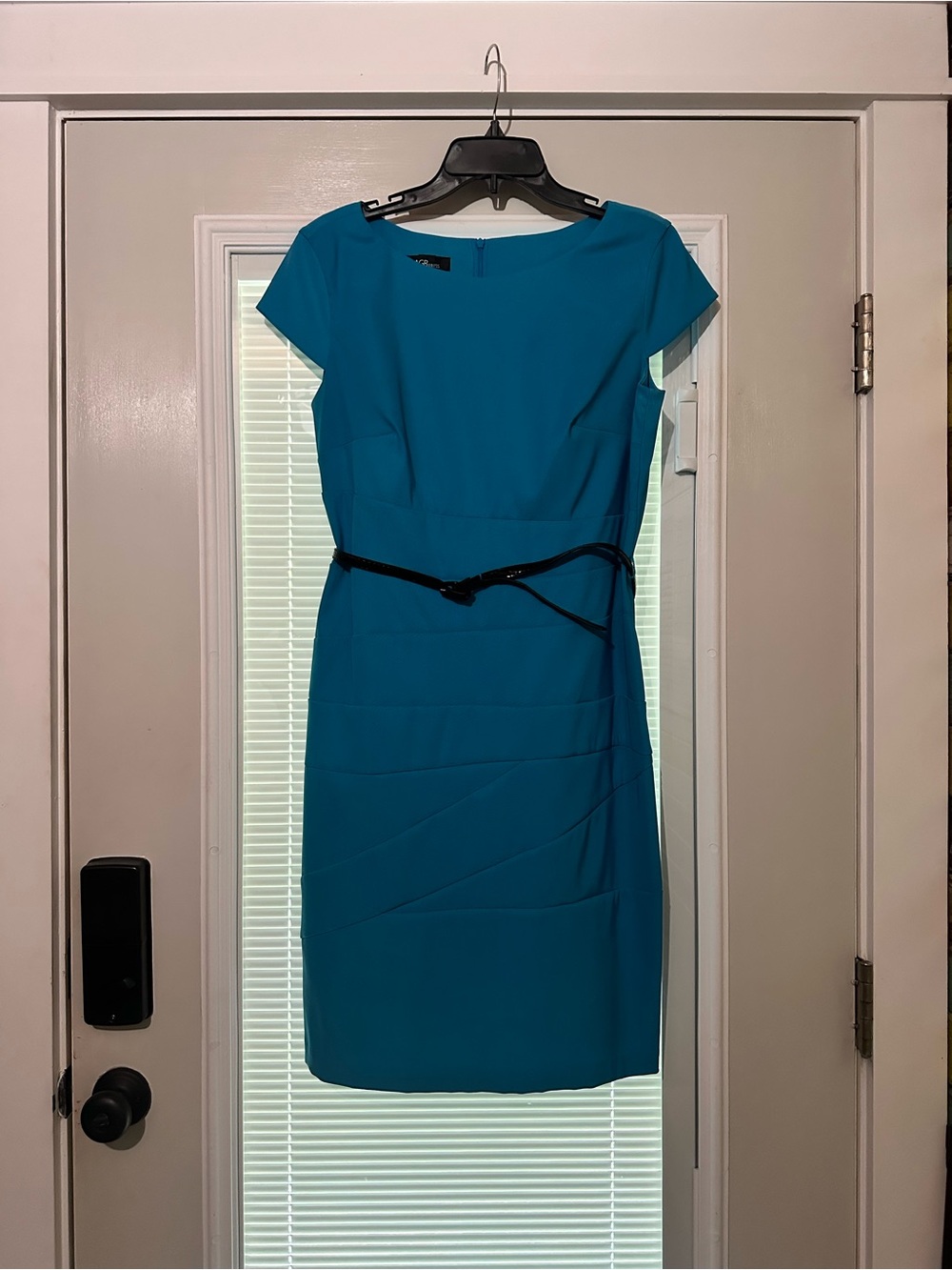 Asymmetrical Teal Sheath Dress with Belt - Women's Dress